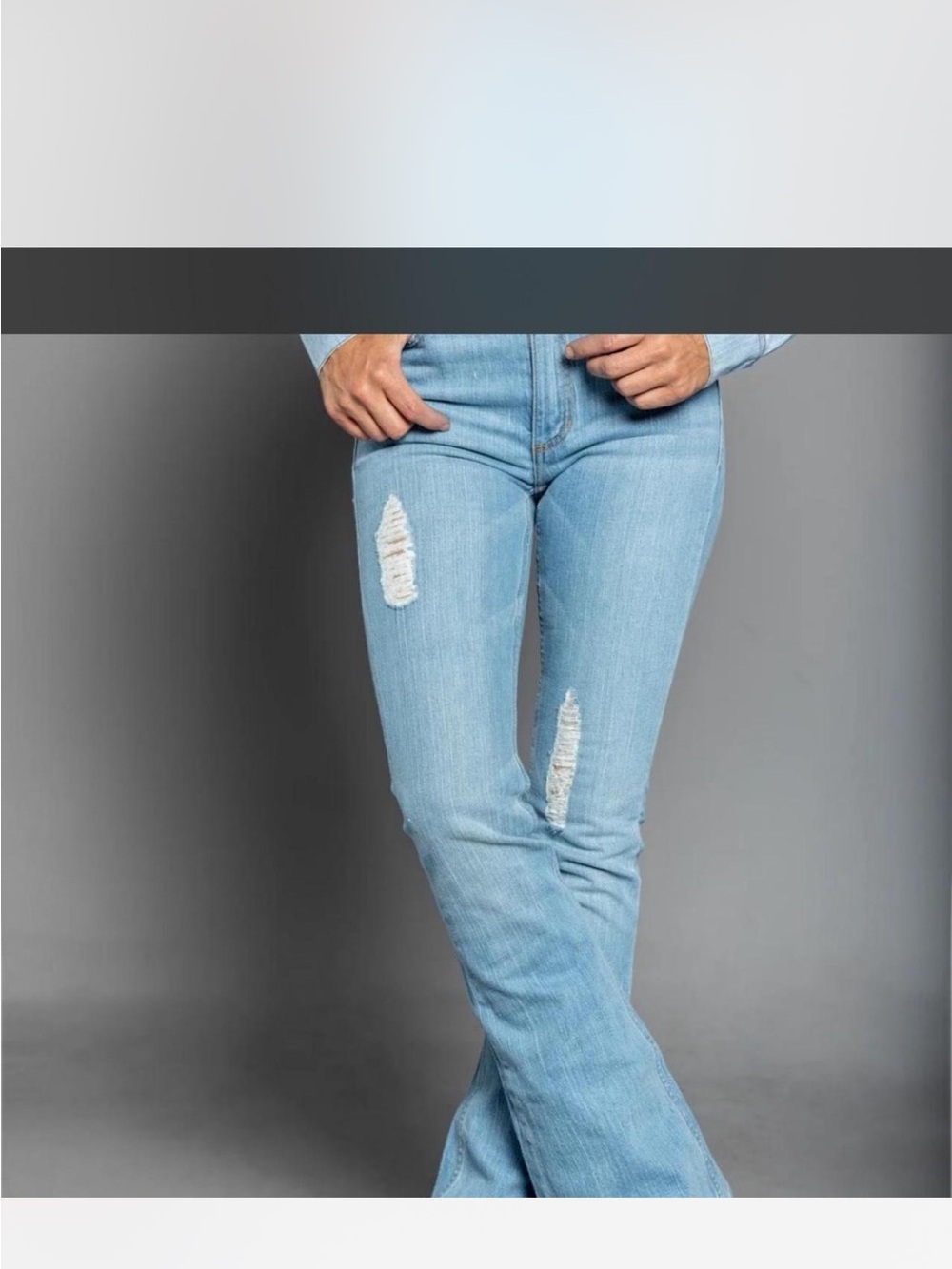 Kimes Ranch Light Blue Ripped Flare Jeans